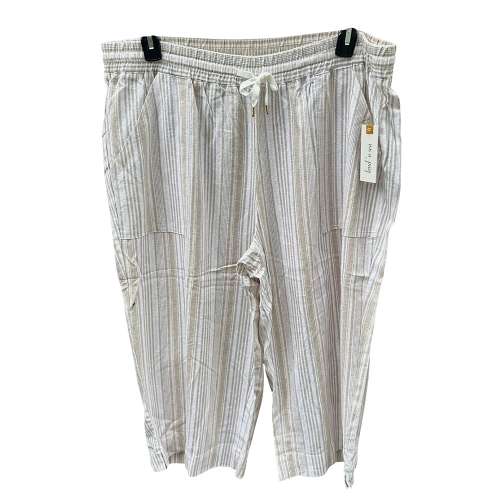 Land 'n Sea Womens 2X Linen Blend Striped Cropped Pants Tan White NWT